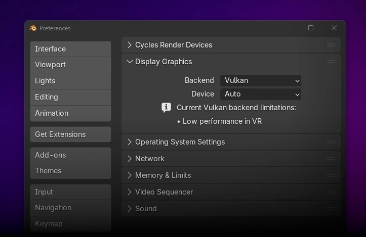 Blender 4.5 LTS Vulkan Preferences
