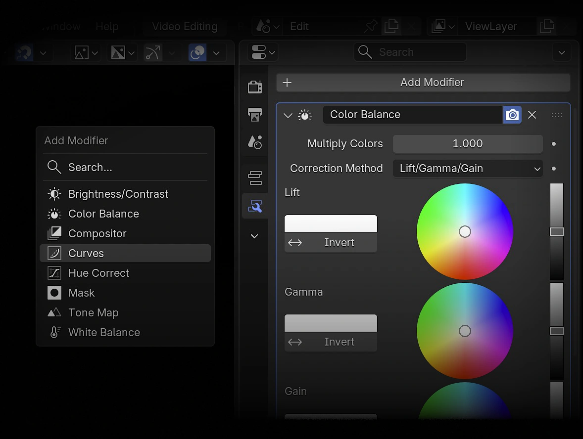 Strip Modifiers tab and Add menu in Properties Editor.